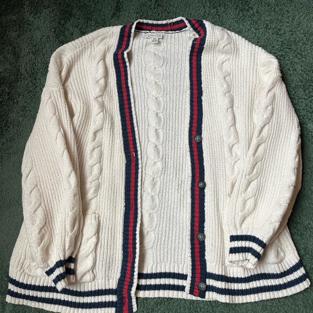 American Eagle Taylor Swift Inspired Cream Cardigan with Navy and Red Trim